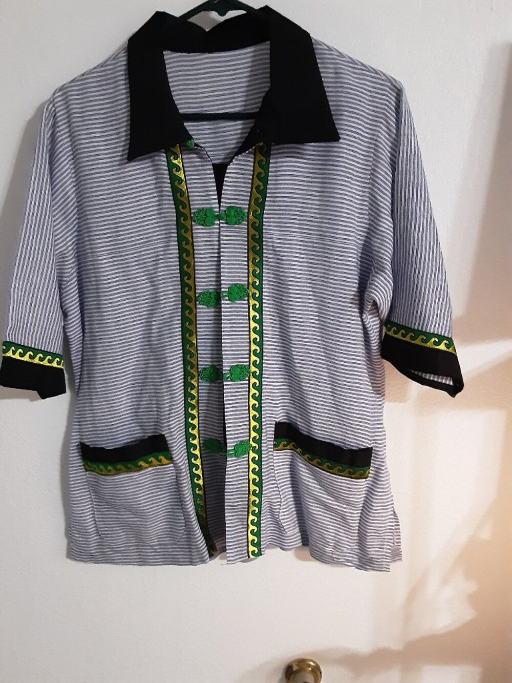 Boho Striped Shirt Jacket Green Frog Closure Artisan Style